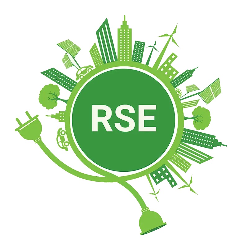 Illustration de la Responsabilité Sociétale des Entreprises (RSE) avec des concepts clés comme durabilité, éthique, sincérité, ressources, objectifs et responsabilité